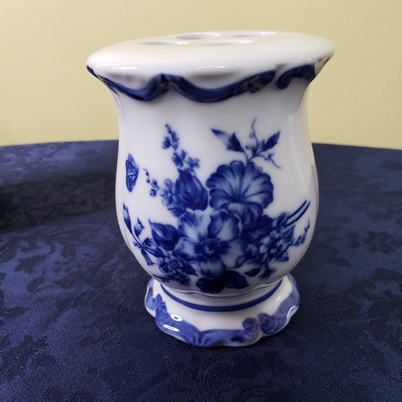 Blue White Toothbrush Holder Porcelain Vintage 5" Flow Blue NOS Bathroom Vase - Picture 7 of 9